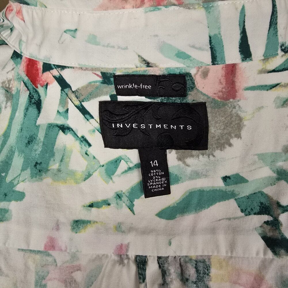 Investments White Button Front Blouse Watercolor Floral Tropical Designs Size 14 - Picture 5 of 6